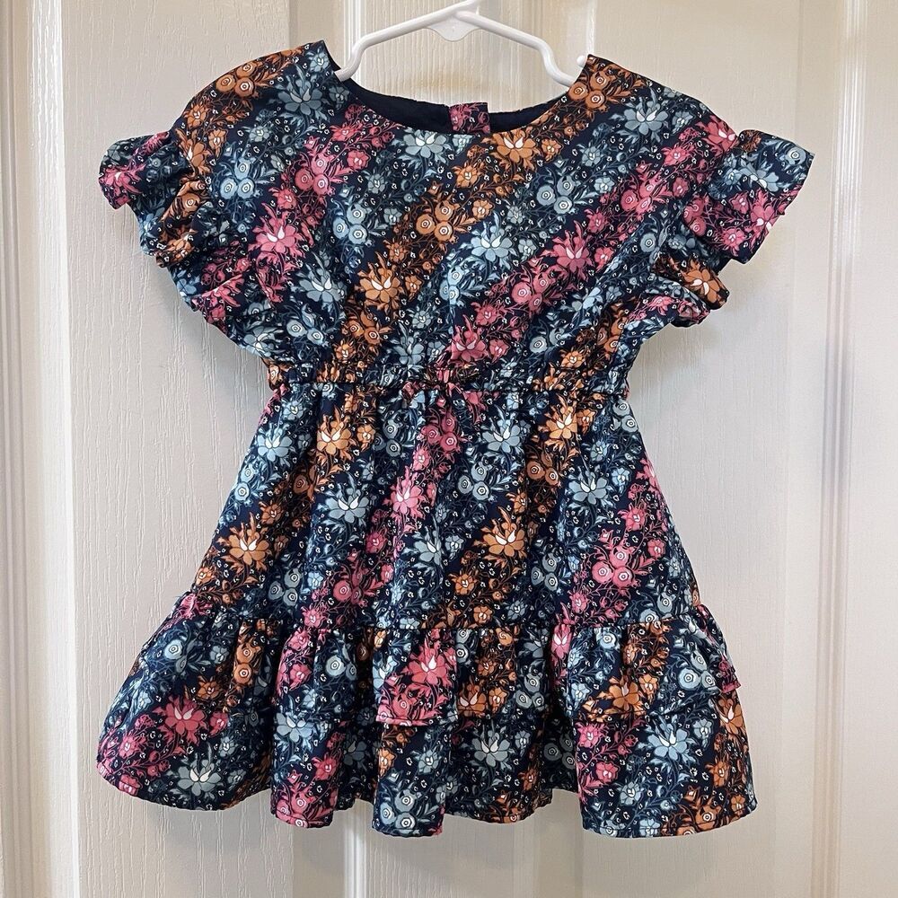 Janie and Jack Diagonal Floral Stripe Ruffle Dress Girls Size 18-24 Months